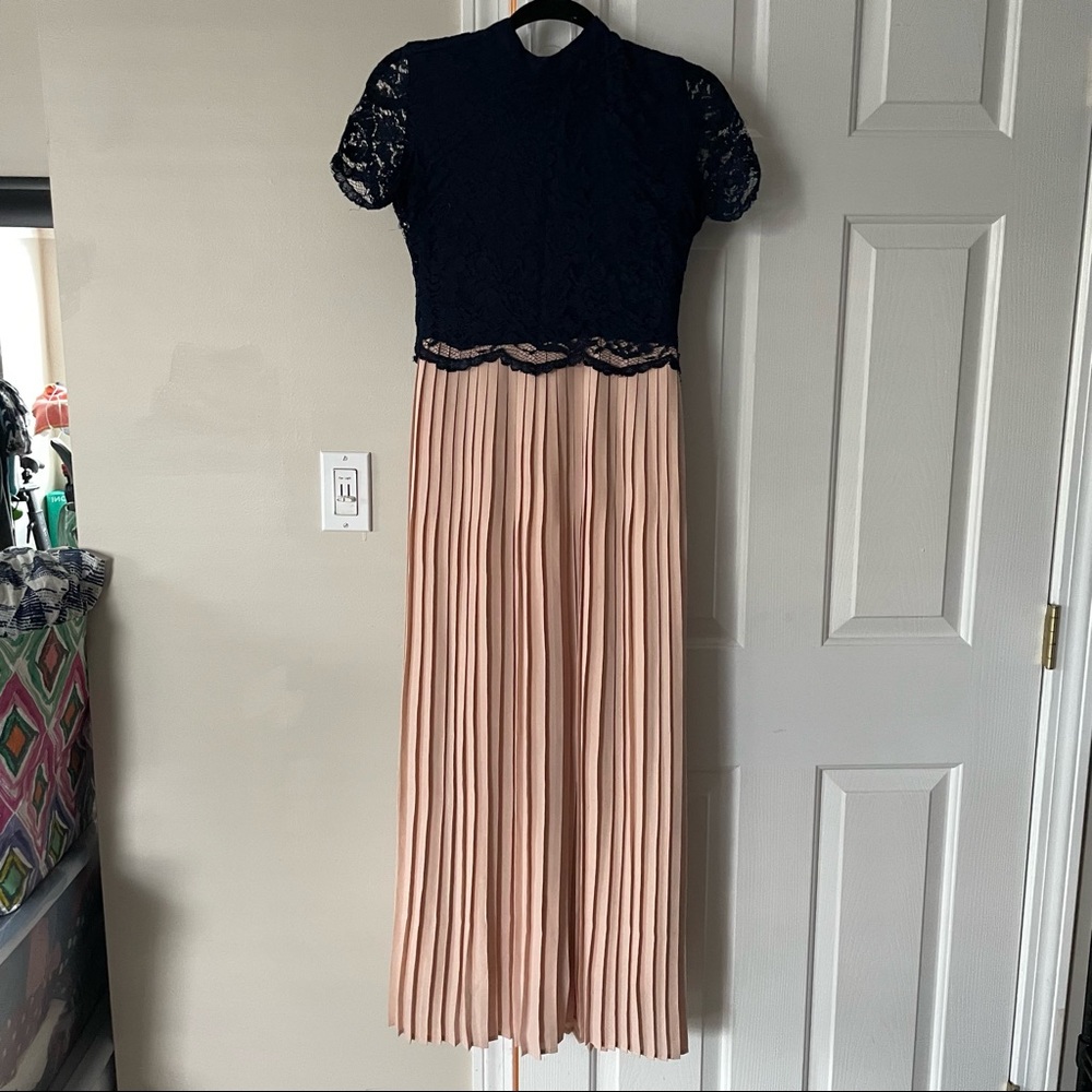 Navy lace and salmon pleated maxi dress